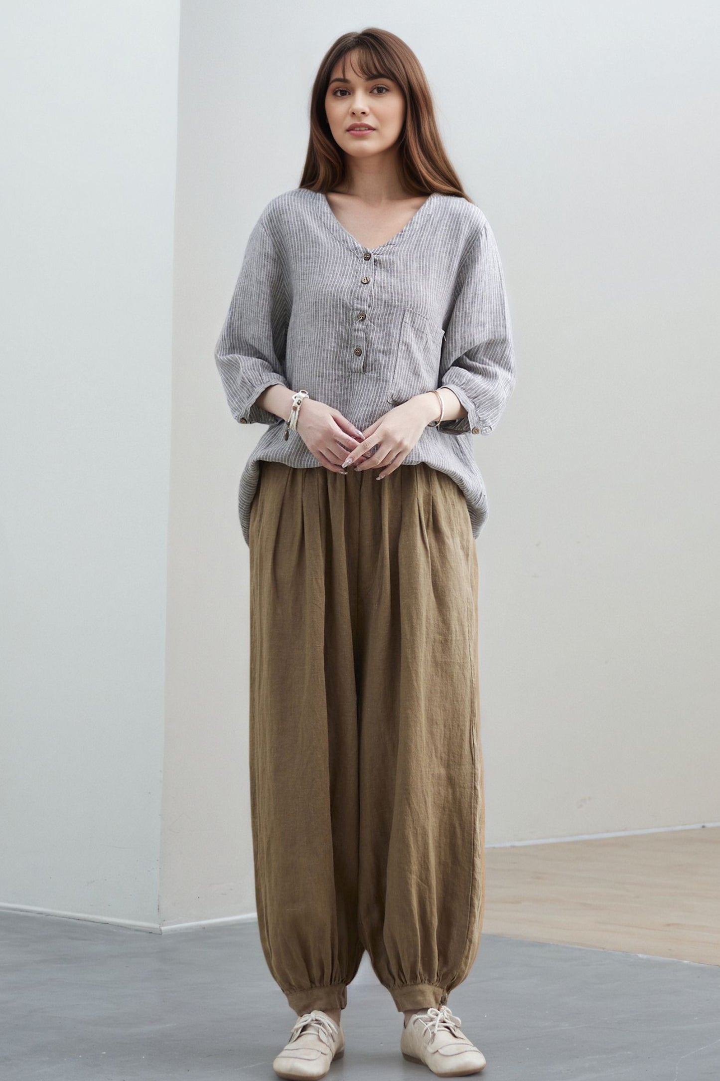 V-Neck Linen Blouse, Loose Fit Top C5318