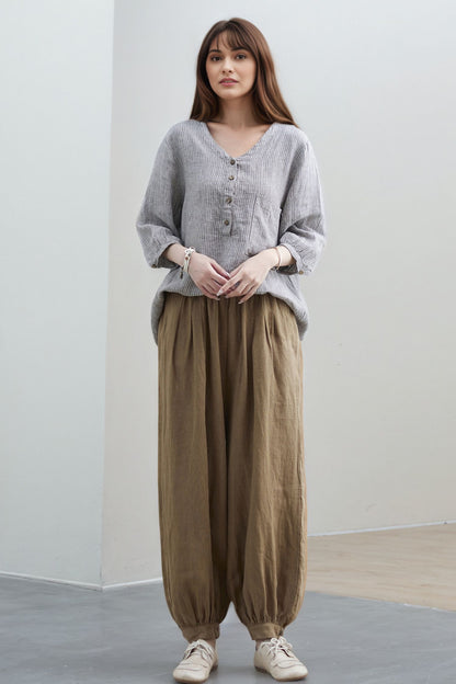 V-Neck Linen Blouse, Loose Fit Top C5318