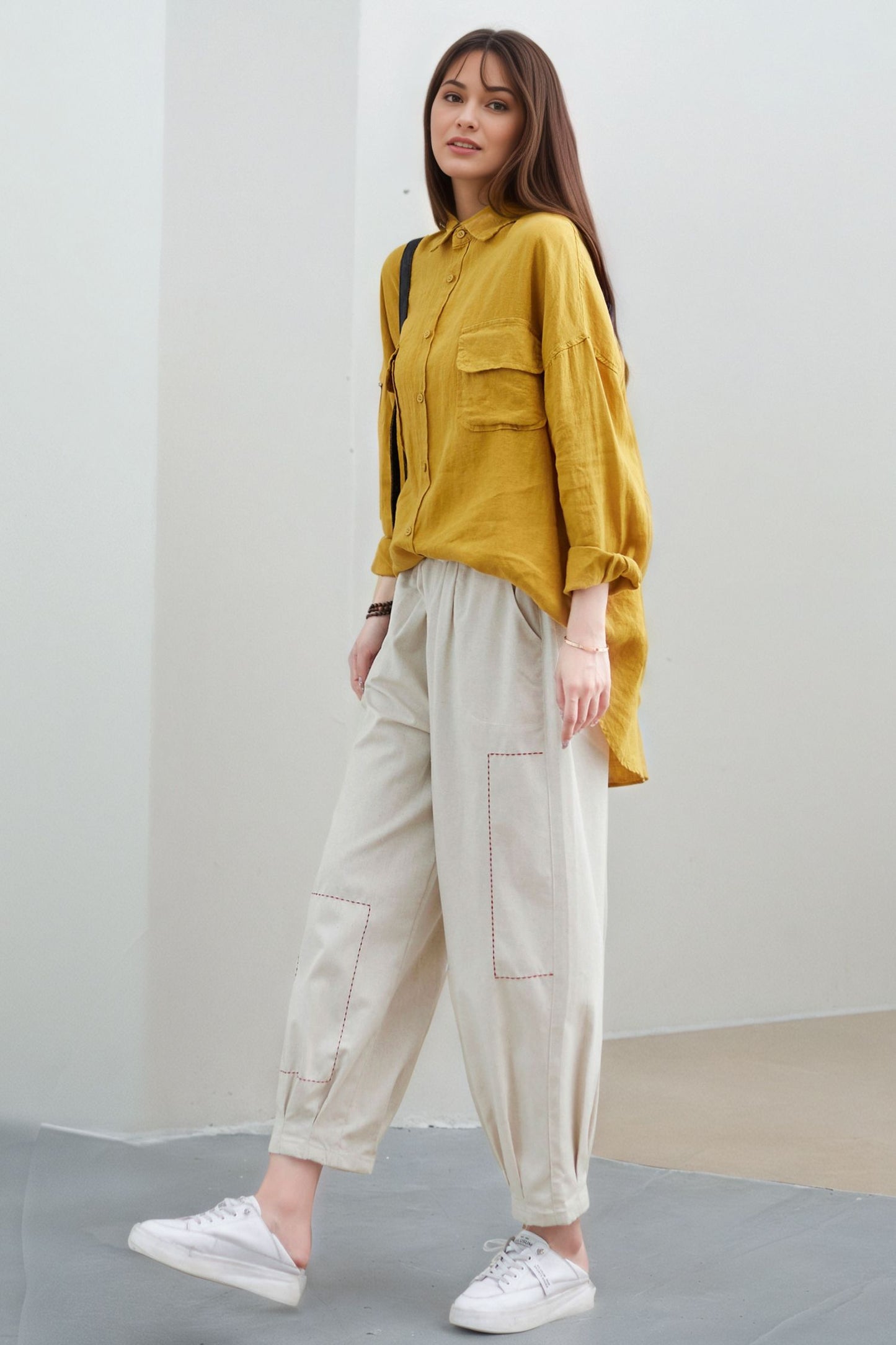 Yellow Linen Oversized Blouse: Women’s Button-Up Shirt with Patch Pockets, Ylistyle C5322