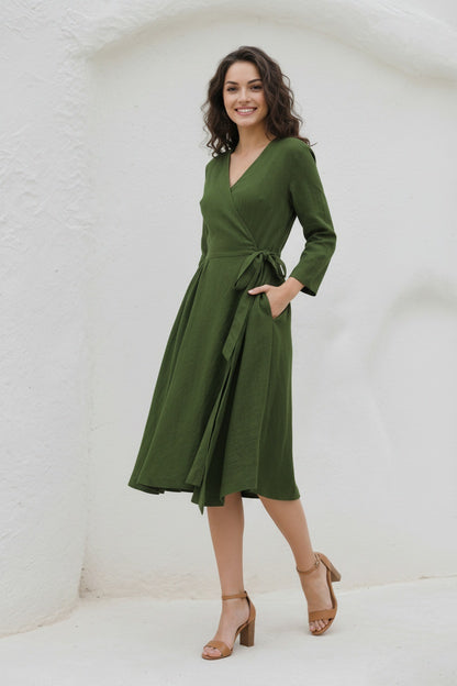 V-Neck Swing Midi linen dress with Waist Tie C5393