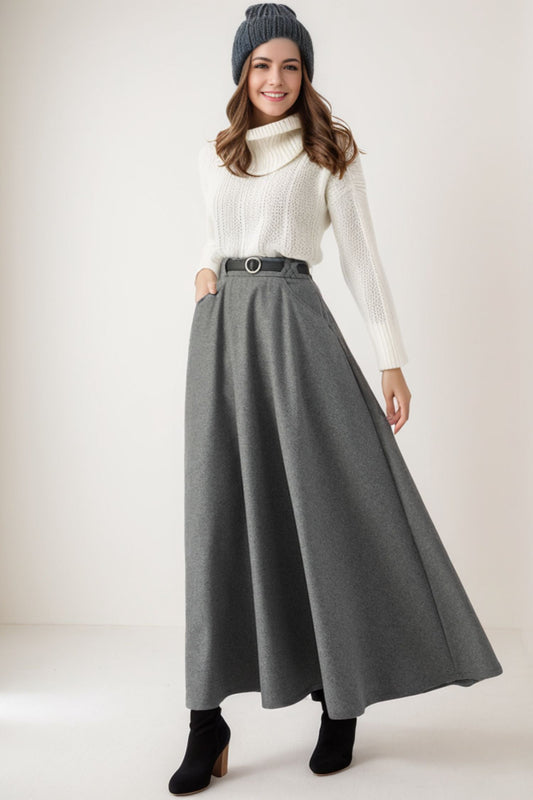 Long Grey Wool Warm Winter Skirt C4264