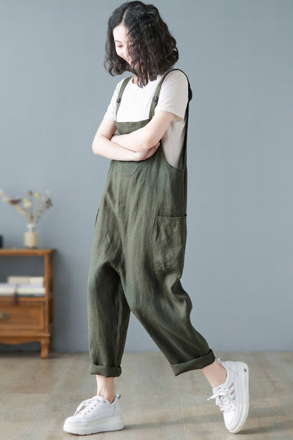 Women Army Green Casual Cropped Linen Overalls C2722