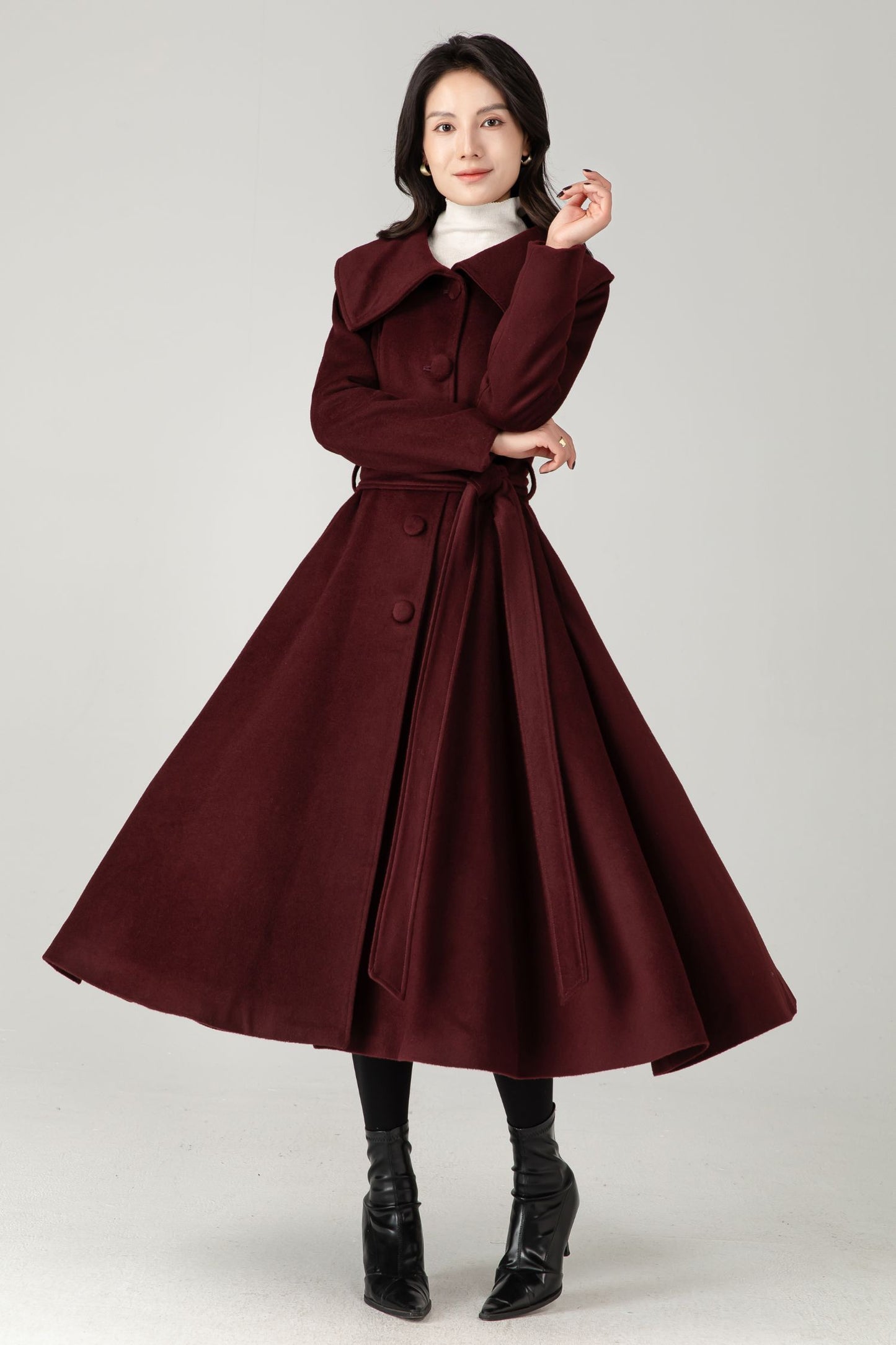Burgundy Wool Blend Midi Coat: Belted Winter Swing Coat C5337