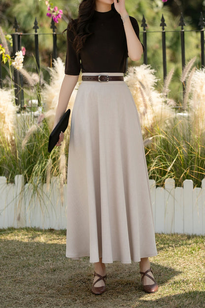 Beige Linen Cotton Maxi Skirt: High Waisted A-Line Summer Skirt, Ylistyle C5443