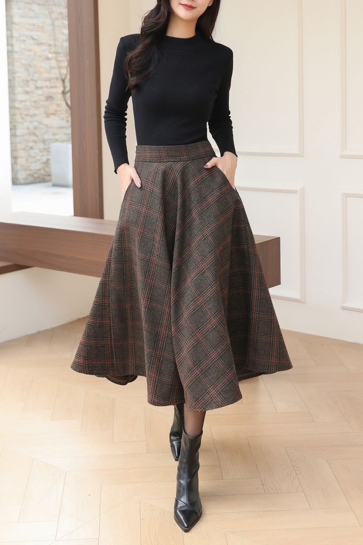 Classic A-Line Wool Plaid Skirt for Autumn Winter C5185