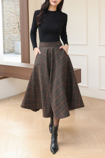 Classic A-Line Wool Plaid Skirt for Autumn Winter C5185