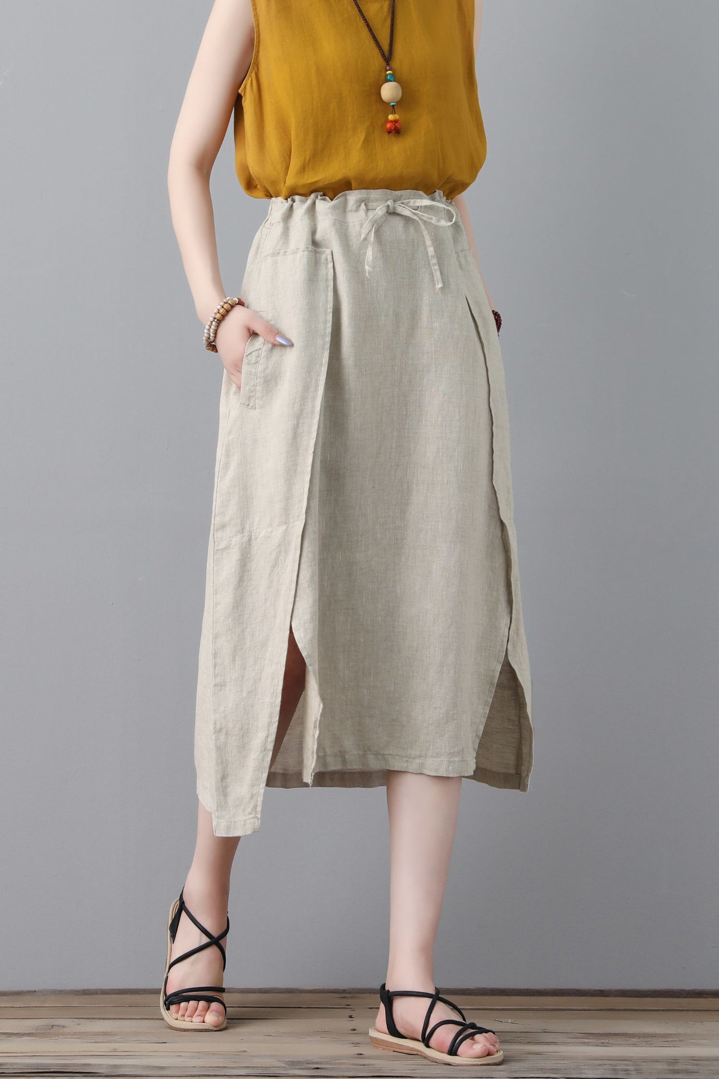 A line midi womens linen skirt C2306