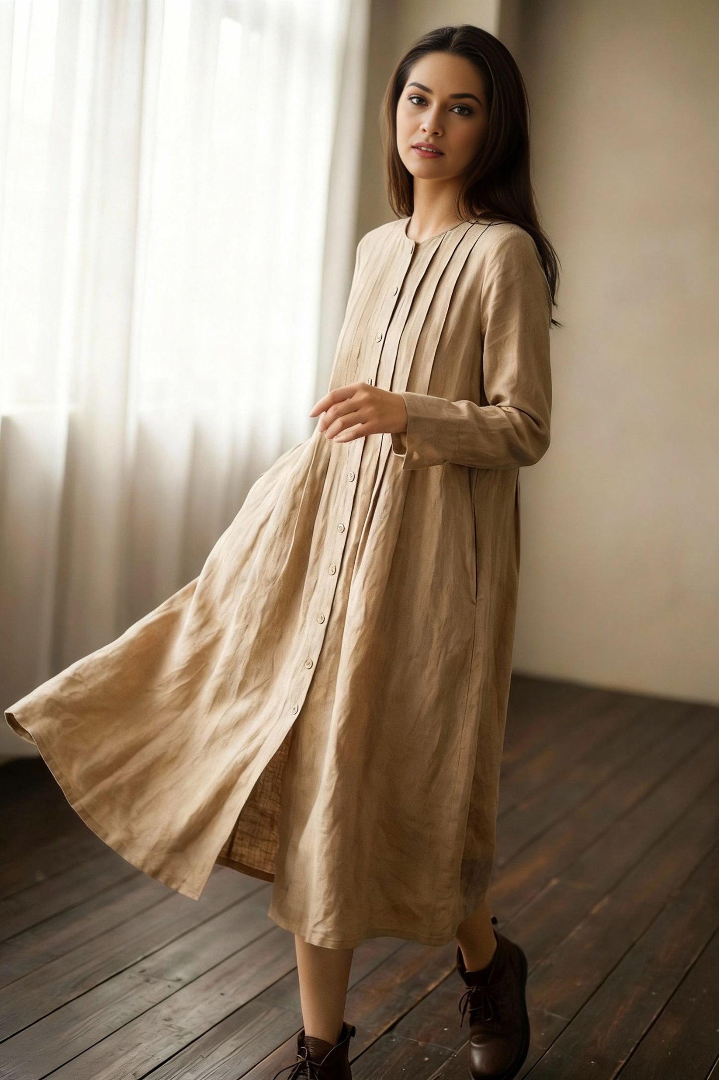 Loose Crew Linen Shirt Dress C5391