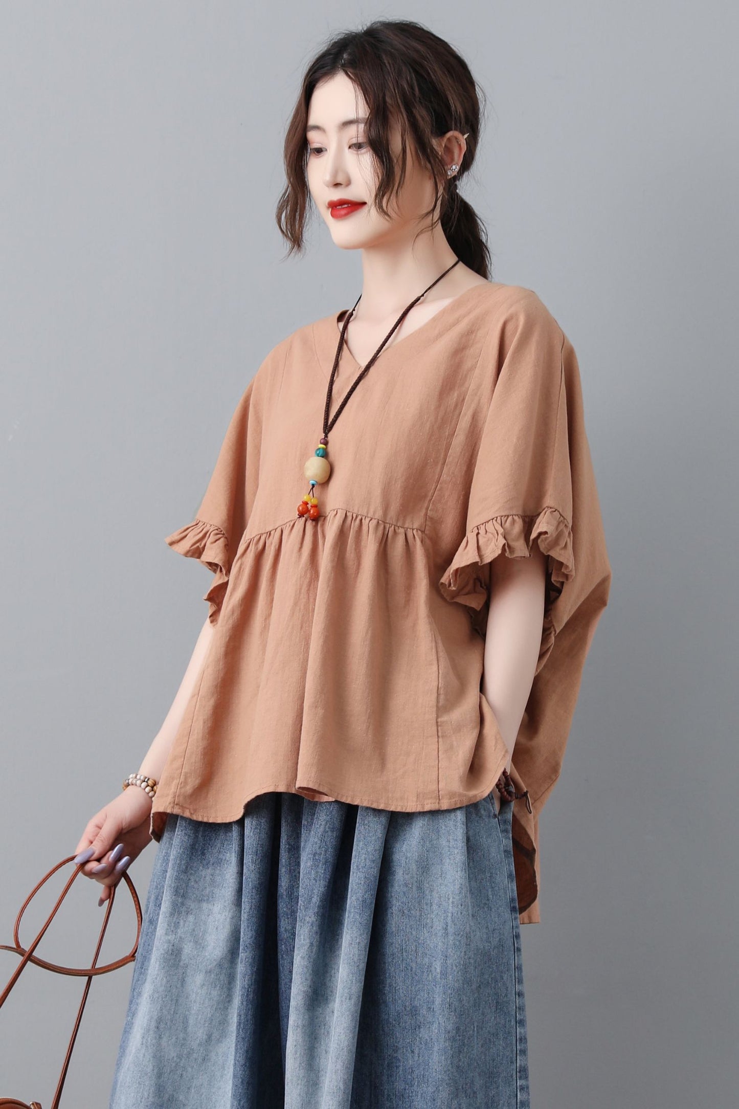 Loose fitting summer linen blouse with ruffle details C2303