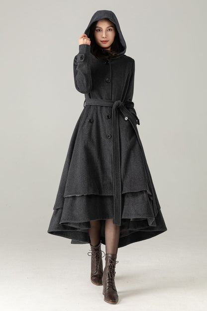Gray Hooded Wool Blend Coat: Belted High-Low Maxi Swing Winter Overcoat, Ylistyle C5374