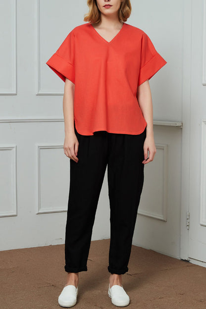 Women's Casual Orange Linen Tops C1467