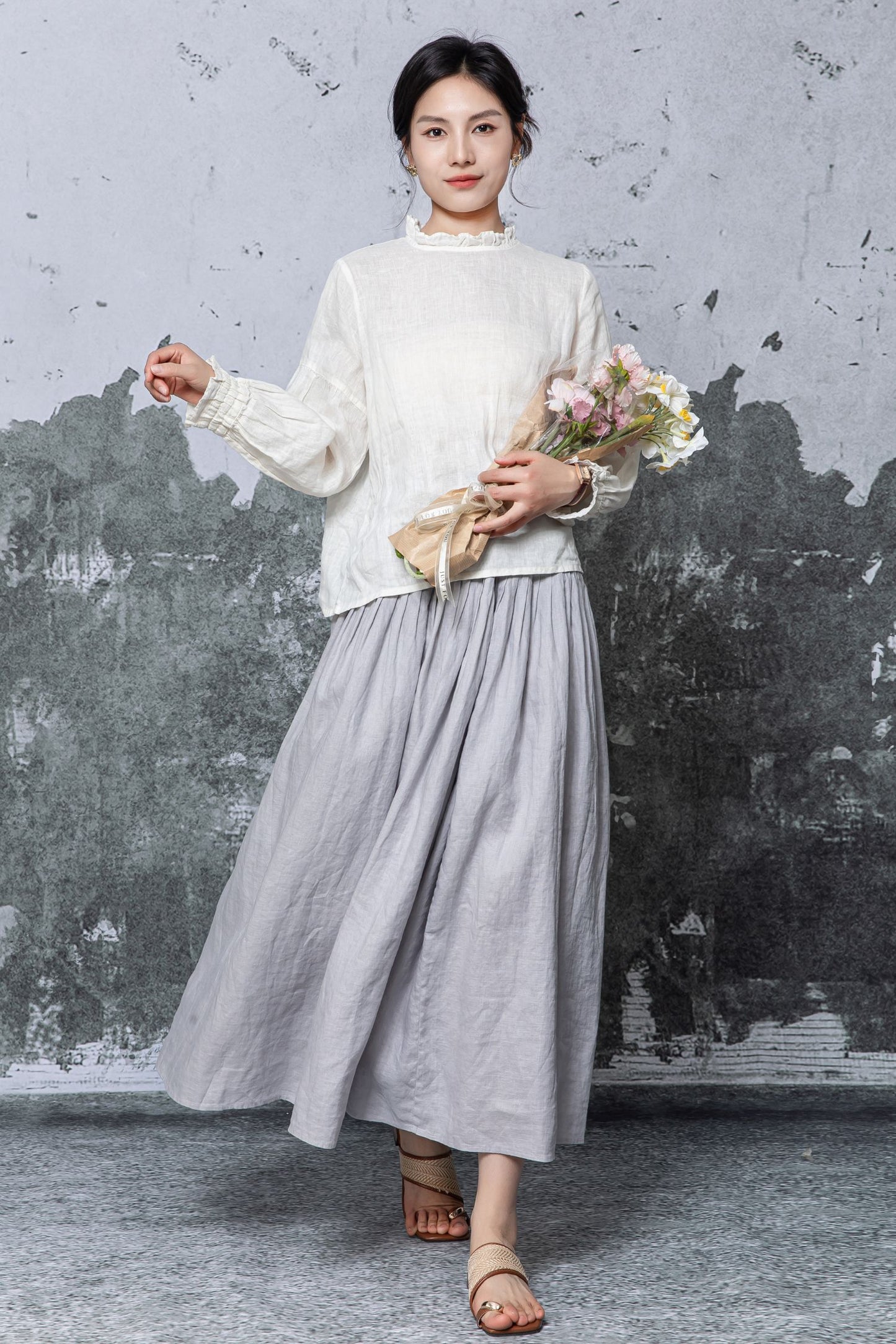 Off-White Linen Blouse - Ruffled Neck and Cuffs with Relaxed Fit c5467