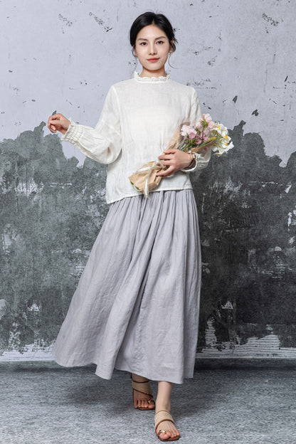 Off-White Linen Blouse - Ruffled Neck and Cuffs with Relaxed Fit c5467