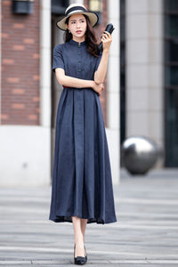 Summer Linen Button up Gray maxi Swing Dress C2829