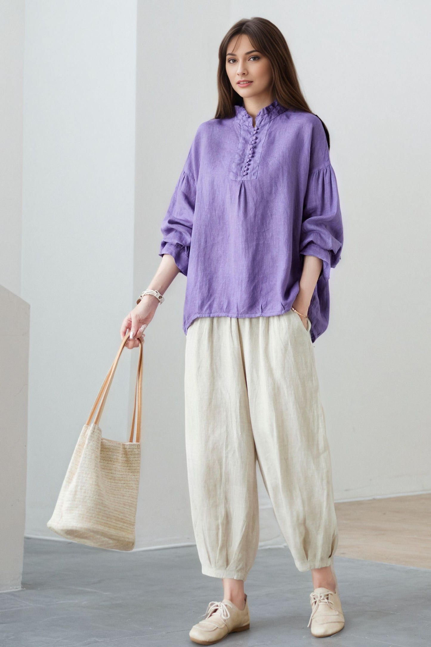 Purple Cotton Linen Blouse: Oversized Long Sleeve Boho Shirt with Ruffled Collar, Ylistyle C5323