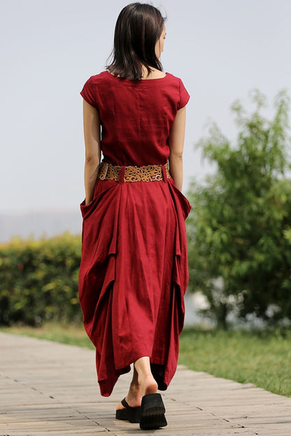 Linen Summer red womens asymmetrica dress C255