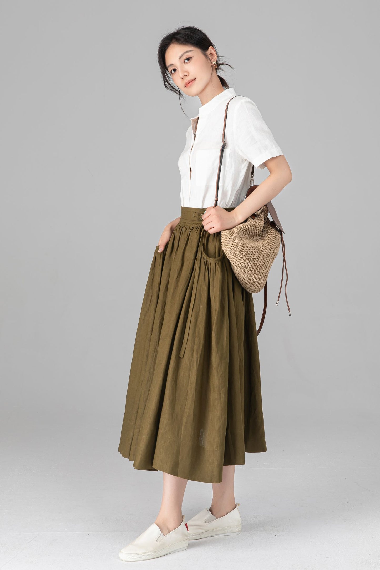 Olive Green Linen Midi Skirt - High Waisted A-Line with Pleats C5522