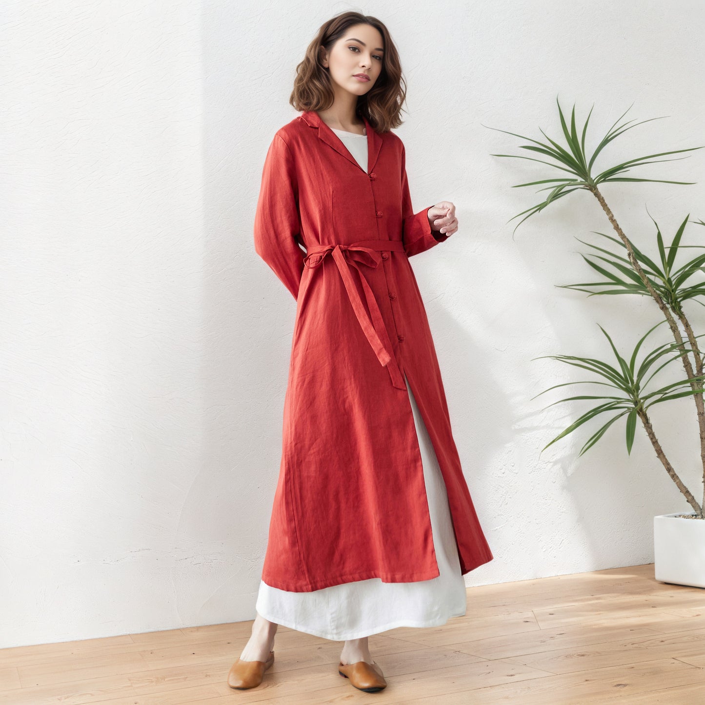 Orange red Long Linen Trench Coat C5416