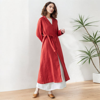 Orange red Long Linen Trench Coat C5416