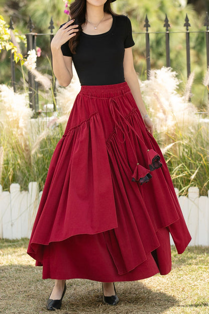 Red Corduroy Maxi Skirt – Elastic Waist Handmade Cotton Boho Skirt, Ylistyle C5441