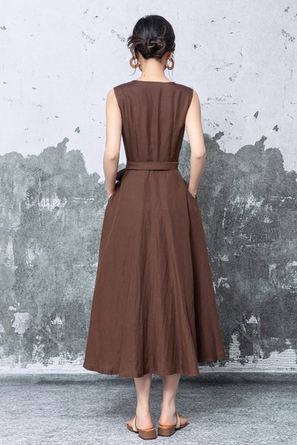 Brown Linen Wrap Midi Dress - Sleeveless V-Neck Tie Waist c5476