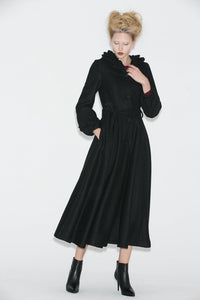 Long black hooded winter wool coat C706