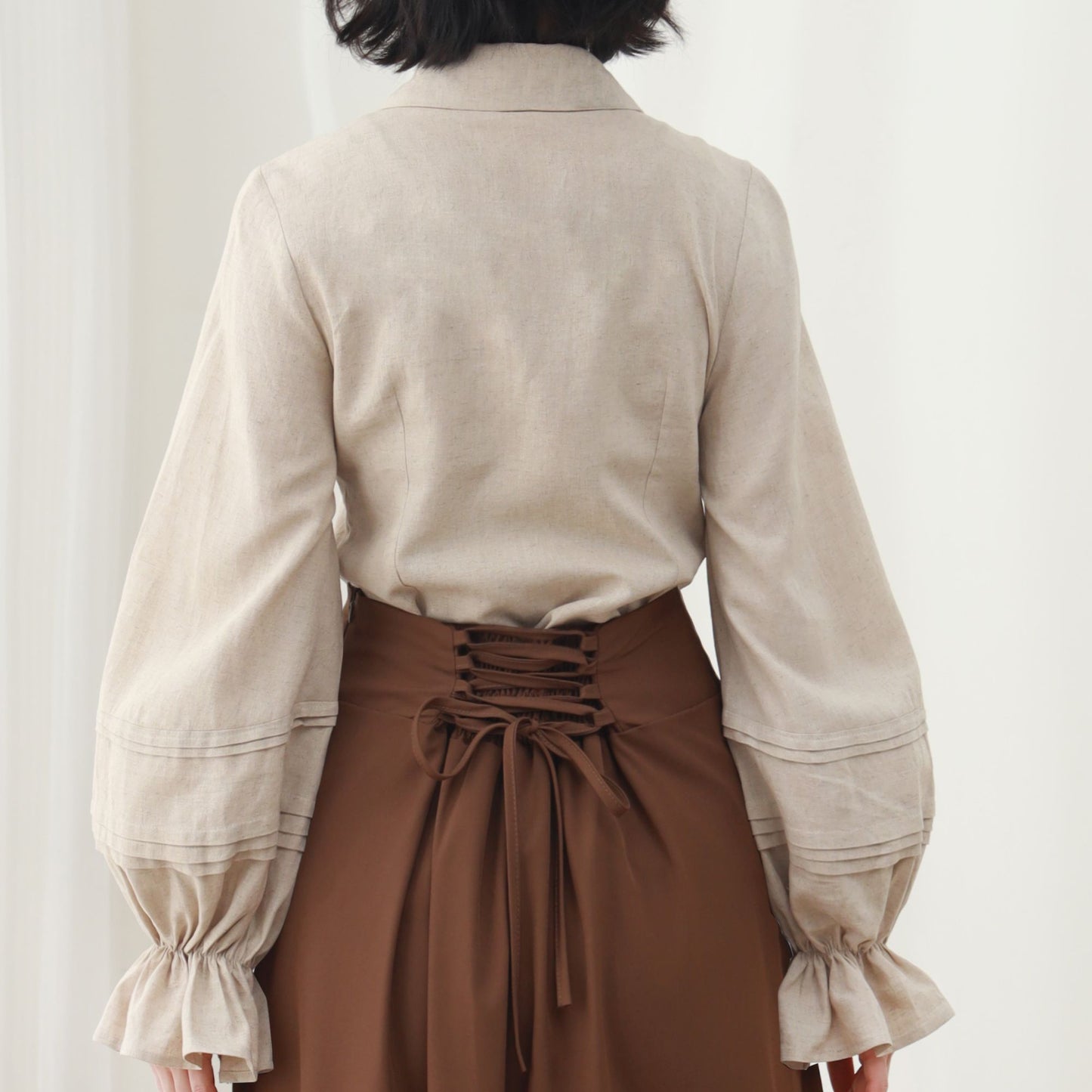 Beige Linen Blouse, Long Lantern Sleeve, Ruffle Detail, Ylistyle C5451