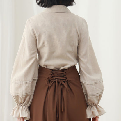 Beige Linen Blouse, Long Lantern Sleeve, Ruffle Detail, Ylistyle C5451
