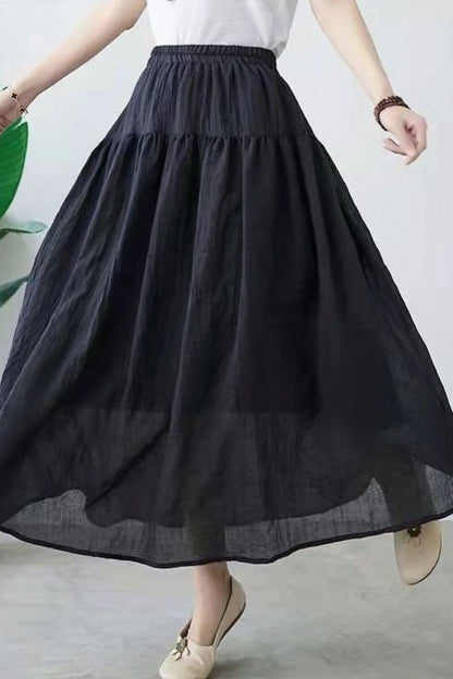 White Cotton Linen Swing Skirt - Elastic Waist, Lined TT0049
