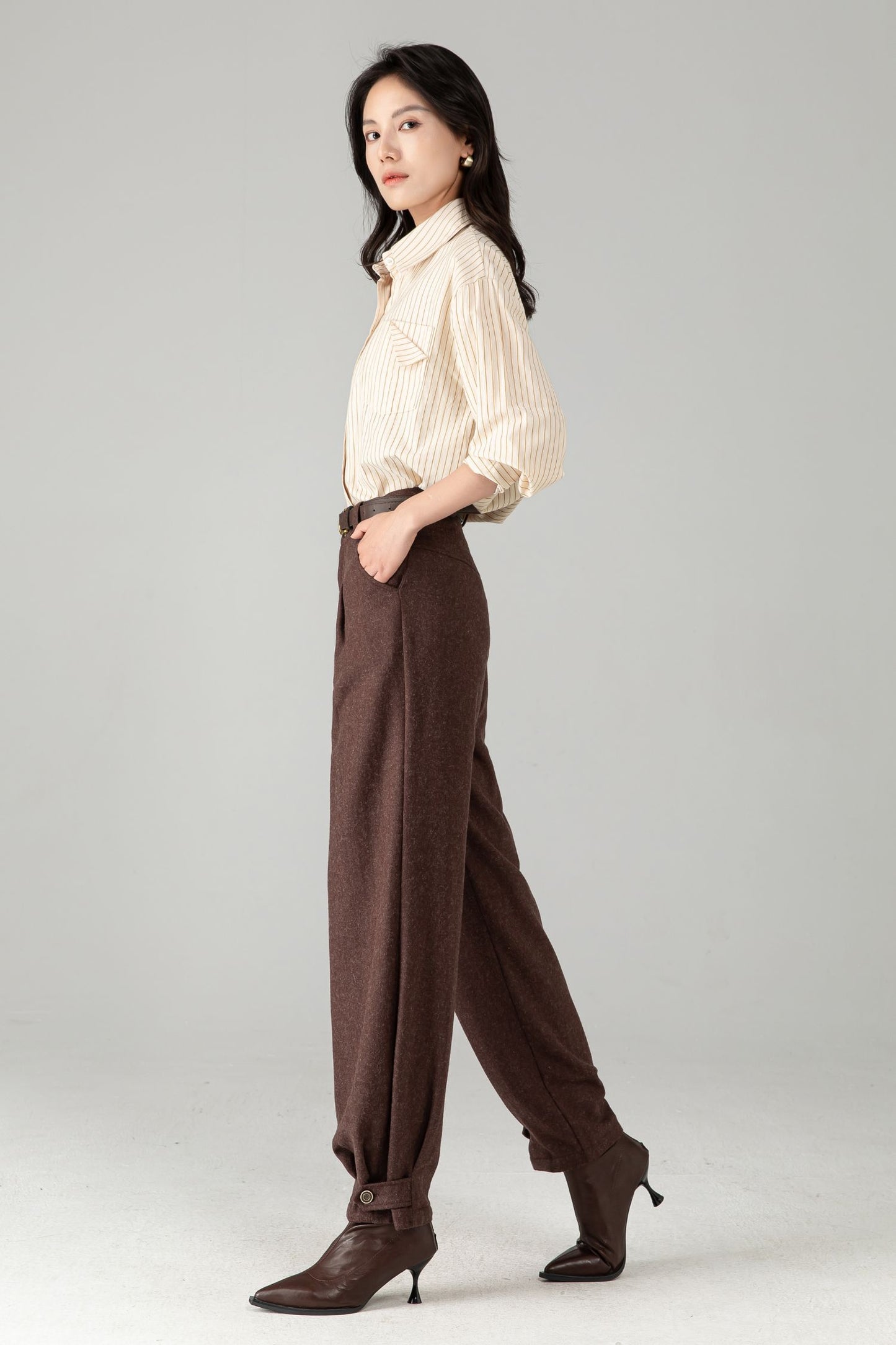 Brown Wool Tapered Trousers: Women’s Vintage-inspired Lantern Pants C5340