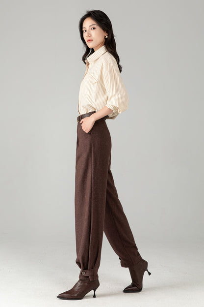 Brown Wool Tapered Trousers: Women’s Vintage-inspired Lantern Pants C5340