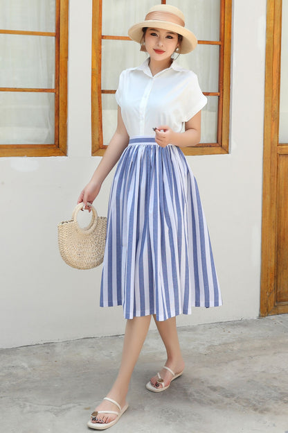 Striped linen Midi A-Line Skirt c4840