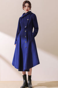 Asymmetric Hooded wool jacket coat In Blue C1780