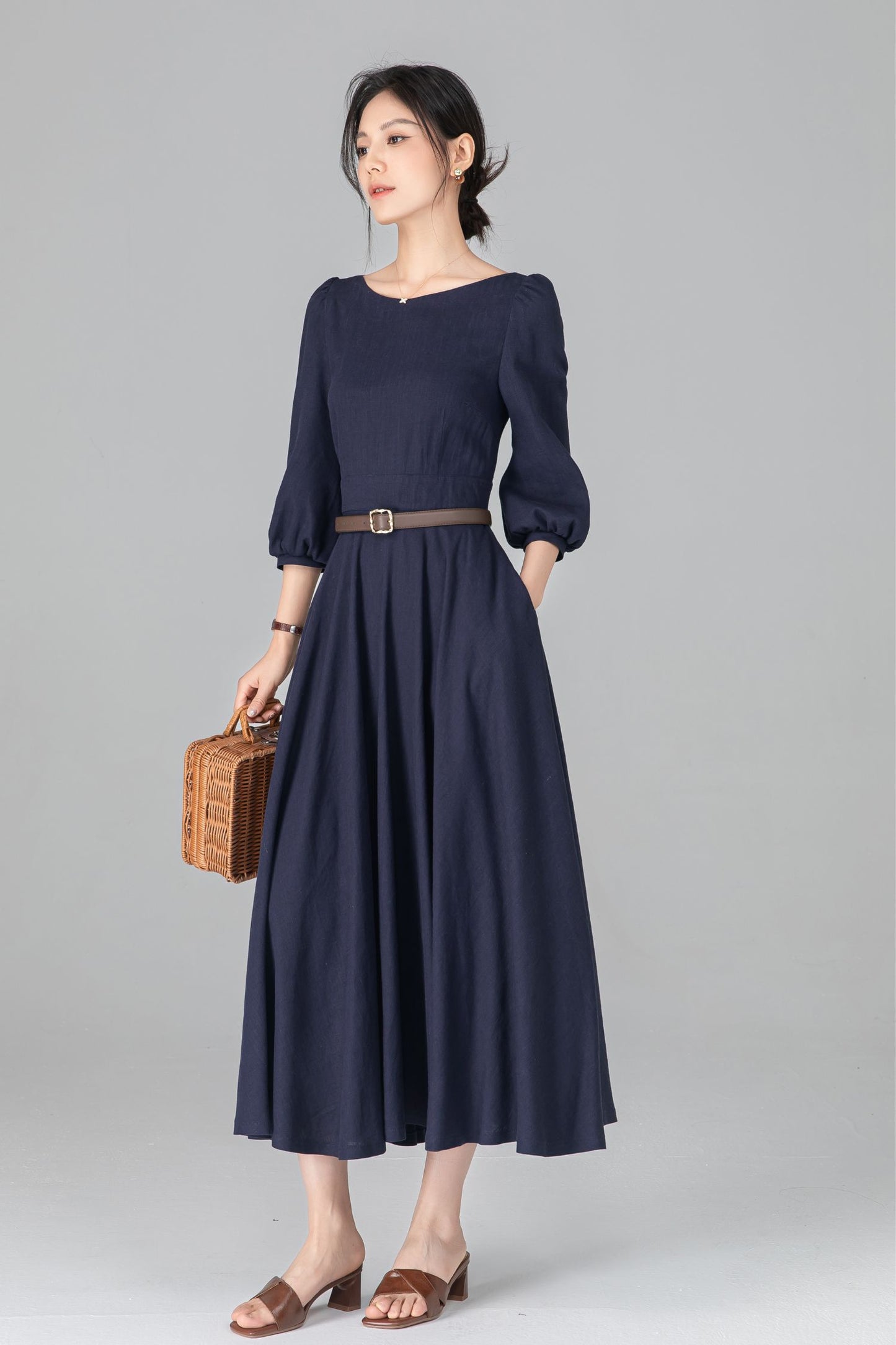 Navy Linen Cotton Midi Dress - A-Line Swing Dress with Boat Neck c5513