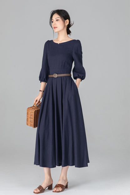 Navy Linen Cotton Midi Dress - A-Line Swing Dress with Boat Neck c5513