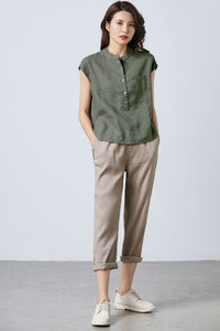 Army green linen sleeveless top C1702