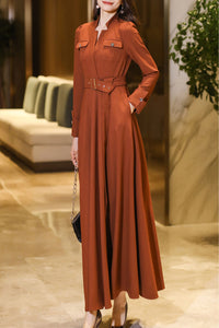 Orange women's v- neck long sleeved dress C4189