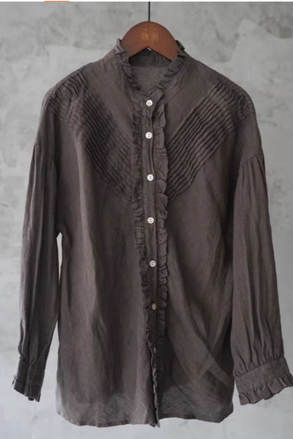 Casual linen shirt top with ruffle details C5428