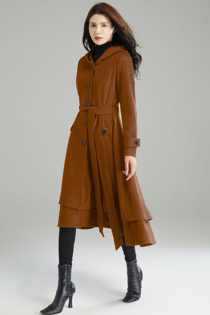 Dark Brown Hooded Wool Coat C4523