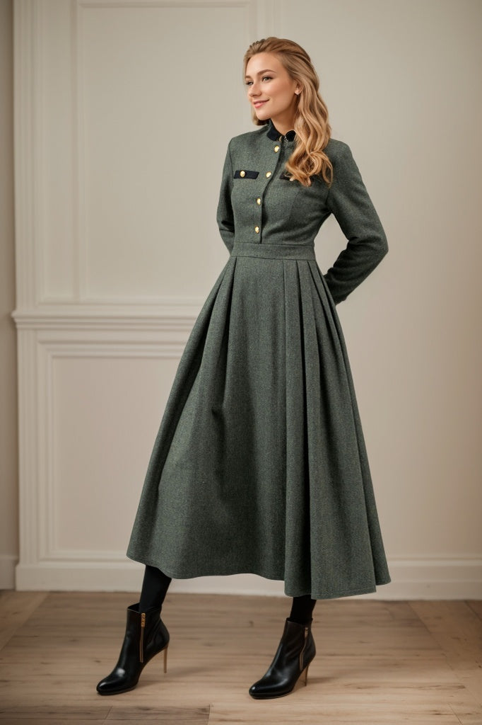 Button front army green winter wool dress C4441