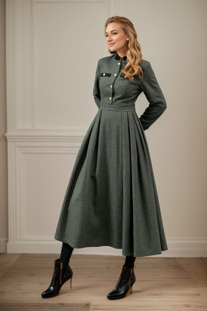 Button front army green winter wool dress C4441