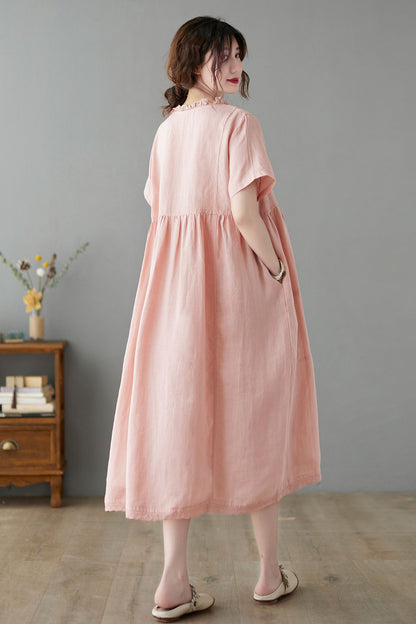 Midi Linen Casual Pink Swing Loose Fit Dress C2247