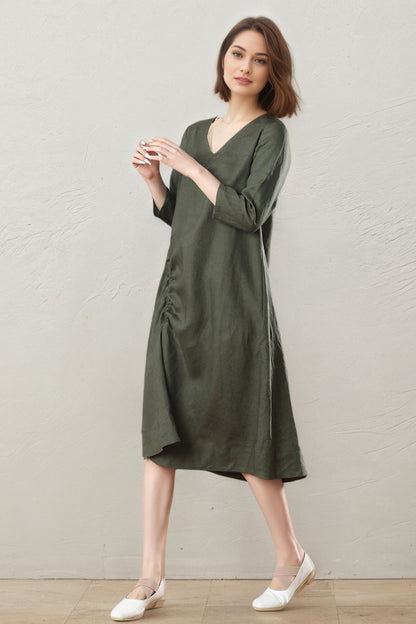 Army Green Midi Linen Dress C5400
