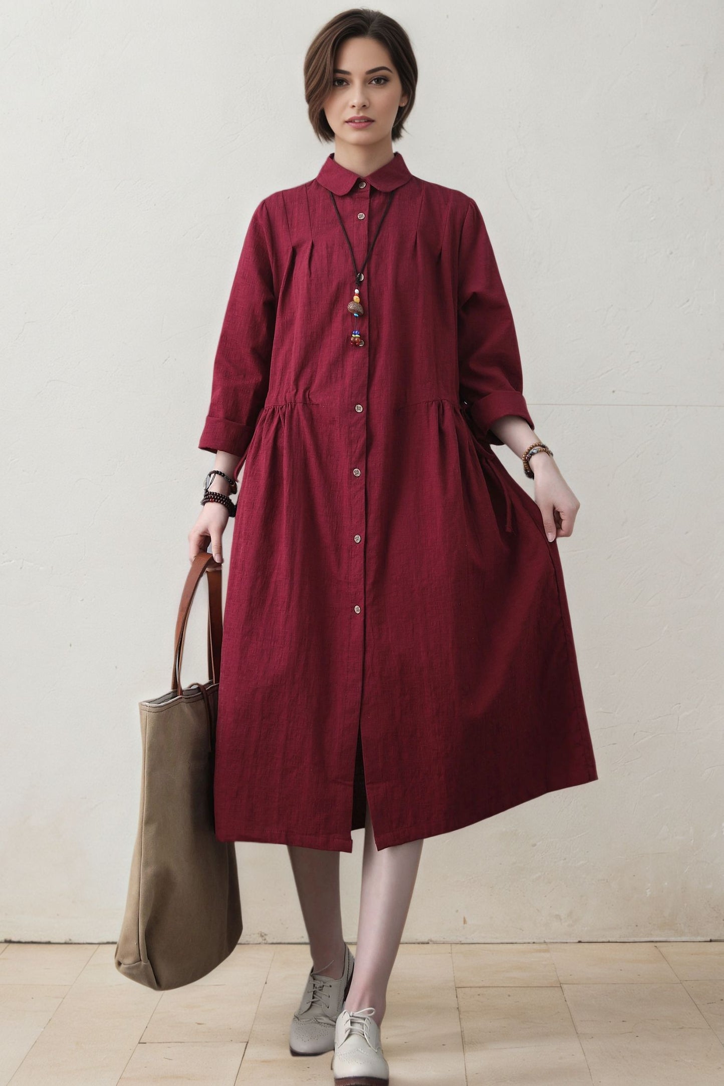 Burgundy Linen Shirt Dress - Long Sleeve Button-Front Midi with Drawstring Waist c5392