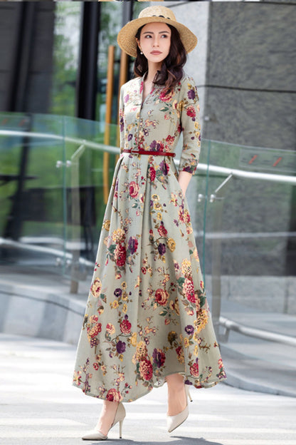 Maxi prom Floral Linen dress c5411