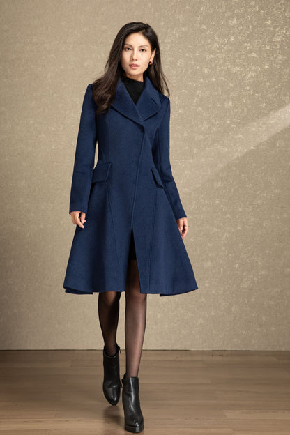 Blue fit and flare winter wool coat C4492