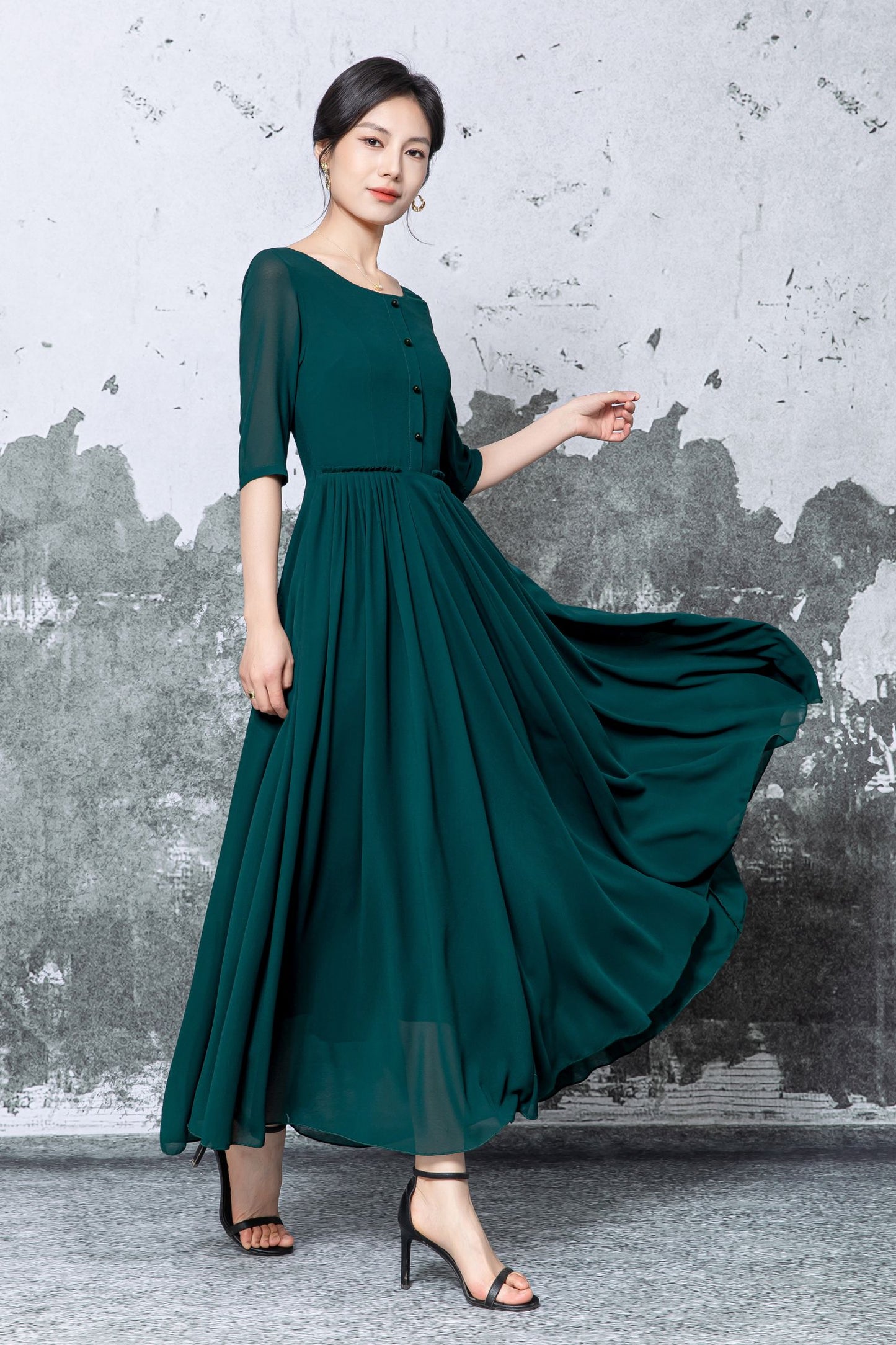 Dark Green Polyester Chiffon Maxi Dress - Pleated Fit-and-Flare with Half Sleeves c5472