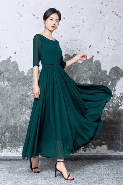 Dark Green Polyester Chiffon Maxi Dress - Pleated Fit-and-Flare with Half Sleeves c5472