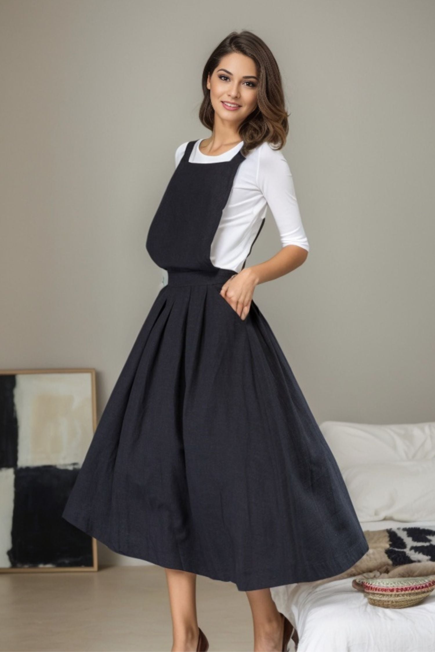 Summer pinafore linen dress with pockets C3230 – YLISTYLE
