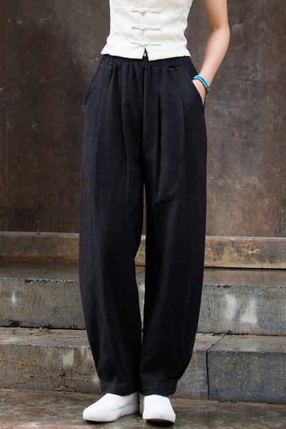 Orange Cotton Linen Lantern Pants - High Waist Wide Leg Comfort L0611